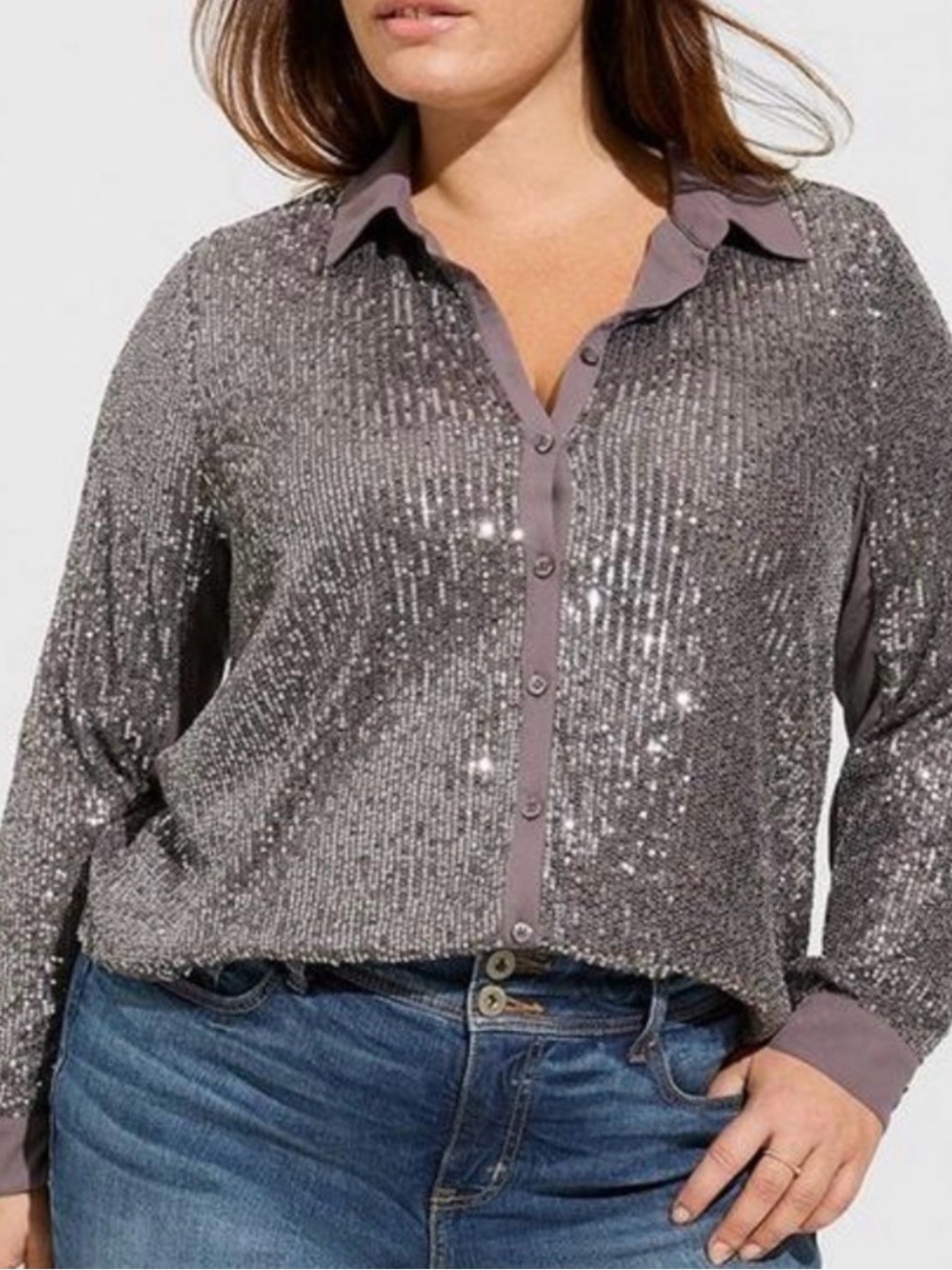 Torrid Madison Sequin Button-Front Blouse in Silver Size 5 NWT